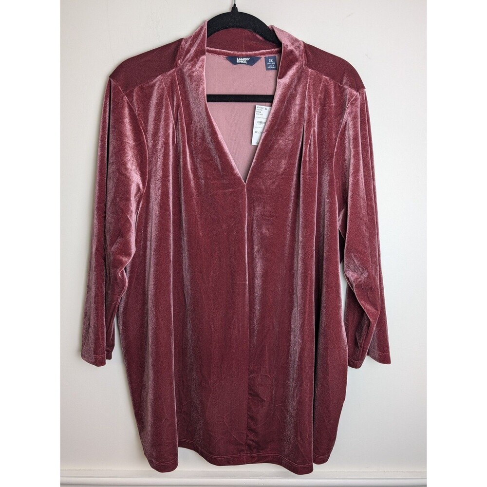 Lands End Women Velvet V-Neck Tunic Top Size 3X 24W-26W Burgundy Red Elegant NWT